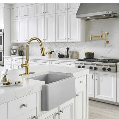 Lava Odoro Brushed Gold Kitchen Faucet with Pull Down Sprayer | Single Handle Kitchen Sink Faucet with 3-Function Sprayer, Deck Plate Included, 1.8GPM, KF421-SG - color: Brushed Gold, style: Standard