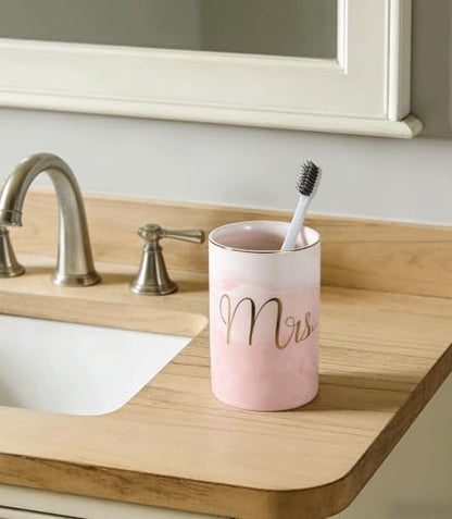 Kelake Ceramic Rustic Pink Marble Bathroom Tumbler Cup for Mouthwash Rinsing Toothbrush and Toothpaste Holder Letters Stand Cups 280 ml Porcelain Milk Drinking Cups for Christmas Birthday - color: Pink Marble Pattern Cup With Letters