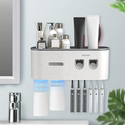 Toothbrush Holders for Bathrooms Wall Mounted, 6 Slot Toothbrush Holder with 2 Automatic Toothpaste Dispensers, 2 Magnetic Cups, Large Capacity Bathroom Organizer, Wall Storage with Drawer - size: Grey 2 Cups