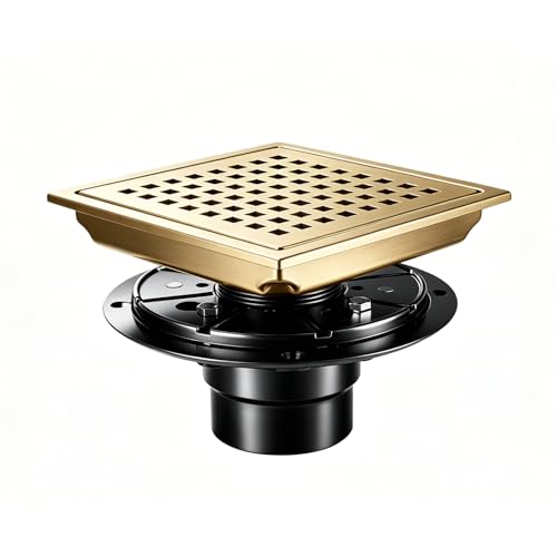 Square Shower Floor Drain, Matte Black Finish, Grid Pattern Strainer Cover (Gold, Grate) - color: Gold