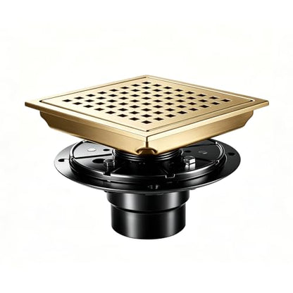 Square Shower Floor Drain, Matte Black Finish, Grid Pattern Strainer Cover (Gold, Grate) - color: Gold