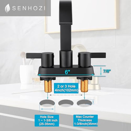 Matte Black Bathroom Faucets 3 Hole, 4 Inch Centerset Faucet | 4 Inch Centerset Bathroom Faucet, 360 Swivel Spout, Stainless Steel Bathroom Faucet with Pop Up Drain - color: Matte Black
