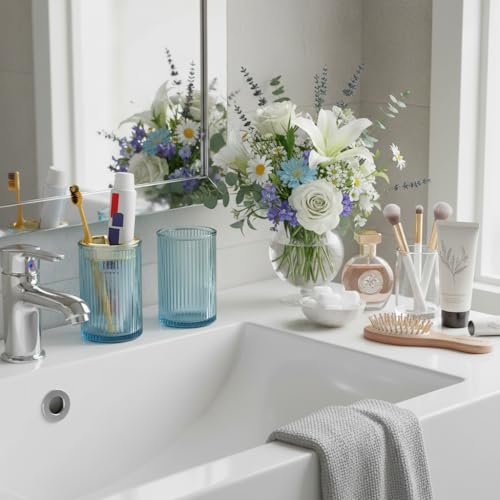 Toothbrush Holders for Bathrooms, 2pcs Blue Glass Toothbrush Holder, Bathroom Toothbrush Cup and Toothpaste Holder with Gold Divider, Tooth Brush and Toothpaste Organizer for Countertop - color: Blue Gold