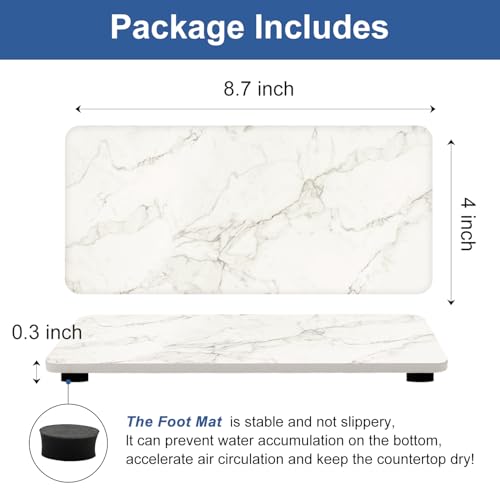 2 Water Absorbing Stone Drying Trays for Bathroom Sink Kitchen Soap Counter | Soap Dish Dispenser Sponge Holder White Ceramic Bathroom Vanity Quick Dry Stone Mat for Kitchen Sink Marble Diatomite Tray - color: White Marble