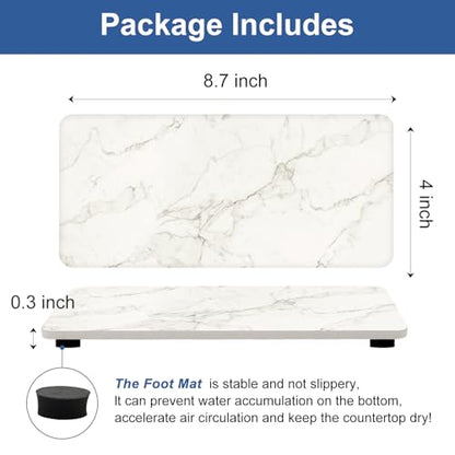 2 Water Absorbing Stone Drying Trays for Bathroom Sink Kitchen Soap Counter | Soap Dish Dispenser Sponge Holder White Ceramic Bathroom Vanity Quick Dry Stone Mat for Kitchen Sink Marble Diatomite Tray - color: White Marble