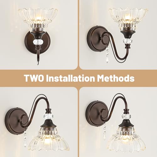 1 Piece Oil Rubbed Bronze Finish Wall Sconce, 1-Light Modern Wall Sconce with Hanging Crystal Accents and Flower-Shaped Clear Shades for Bathroom Bedroom Living Room,Modern Vanity Light - color: Oil-Rubbed Bronze, size: 1-Light