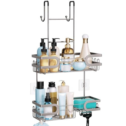 HapiRm Shower Caddy over Door- Hanging Shower Organizer with 14 Hooks and Soap Holder, Rustproof & Waterproof Stainless Steel Bathroom Shelf - Brushed Nickel - color: Brushed Nickel