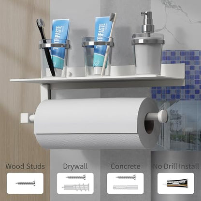 White Paper Towel Holder with Shelf Wall Mount, Adhesive Hand Towel Holder for Bathroom, Kitchen Towel Holder - color: White