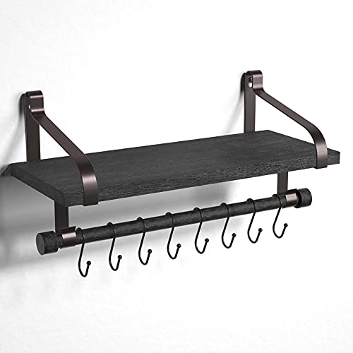 Love-KANKEI 17.3" Floating Wall Shelf Wood/Bracket,Coffee Bar,Black/Brown | Spice Rack,Towel Bar/8 Hooks,40 Lbs/shelf,Easy to Install,For Kitchen,Bathroom,Living Room,Bedroom,Office,Entryway Display - color: Black/Brown