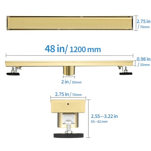 Linear Shower Drain ，with Tile Insert Panels ，48 Inch Brushed Gold 304 Stainless Steel Rectangle Shower Floor Drain，with Hair Catcher, Adjustable Feet - color: Brushed Gold, size: 48inch