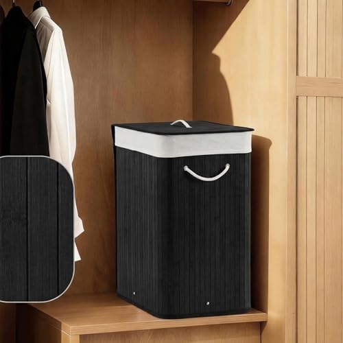 GarveeHome Folding Bamboo Laundry Hamper with Lid, 27.5 Gallon Wooden Laundry Basket with Washable Liner Bag, Slim Clothes Storage Hamper for Small Bedrooms Apartments Dorms (Black - Rectangle) - color: Black - Rectangle