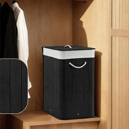 GarveeHome Folding Bamboo Laundry Hamper with Lid, 27.5 Gallon Wooden Laundry Basket with Washable Liner Bag, Slim Clothes Storage Hamper for Small Bedrooms Apartments Dorms (Black - Rectangle) - color: Black - Rectangle
