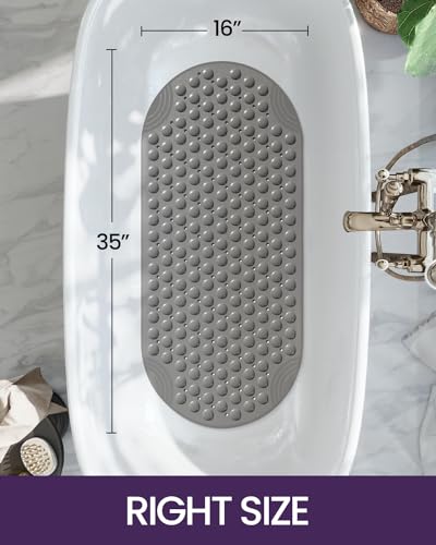 DEXI Bathtub Mat Non Slip 16x35, Shower Floor Mats for Bathroom Bath Tub | Grey, Washable Oval Bathmat, Suction Cups and Drain Holes to Keep Tubs Clean - color: All Grey