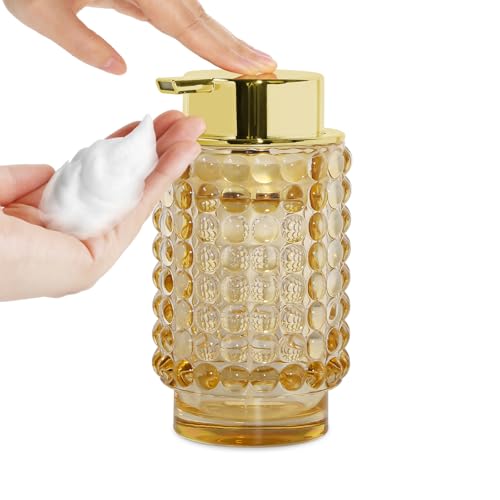 Foaming Soap Dispenser, Amber Glass Foam Soap Dispenser with Gold Pump, 12 Oz Refillable Bathroom Lotion Container Pump Bottle for Bathroom Kitchen Countertop - color: Amber