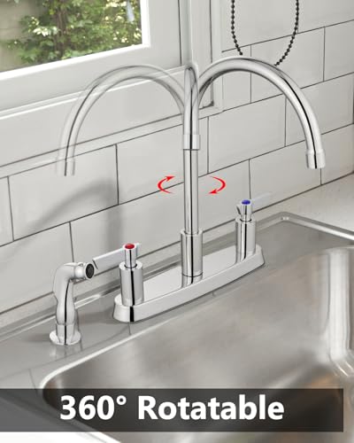 Kitchen Faucet with Side Sprayer, 8 Inch Centerset 4-Hole Chrome | Lead-Free 4-Hole High Arc Kitchen Sink Faucet, 1.8 GPM, 360° Spout - color: Chrome