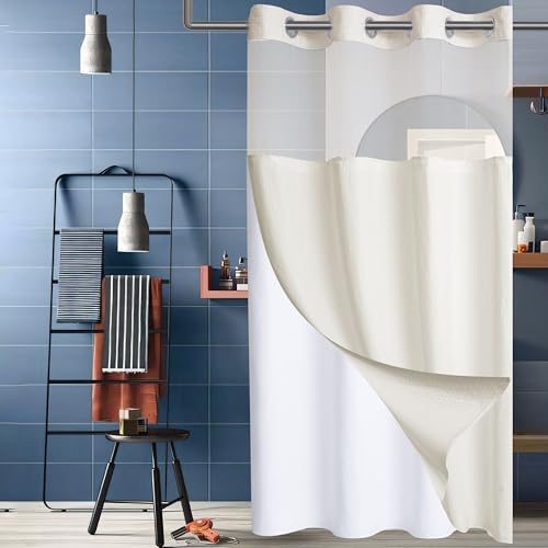 Conbo Mio Stall No Hook Waffle Weave Shower Curtain with Snap in Liner Set, Hotel Luxury Beige Shower Curtains for Bathroom with See Through Top Window, Waterproof, Washable 36W x 74H - color: Waffle-beige, size: 36"W x 74"L (Pack of 1)