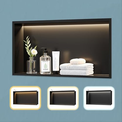 24"x12"Black LED Shower Niche,3 CCT Dimmable Light, No Tile Needed | 304 Stainless Steel Bathroom Niche w/ Light(3000K/4000K/6000K), IP66 Waterproof, Space Saving & Durable ,LED Driver Included - color: Matte Black, size: 24X12In