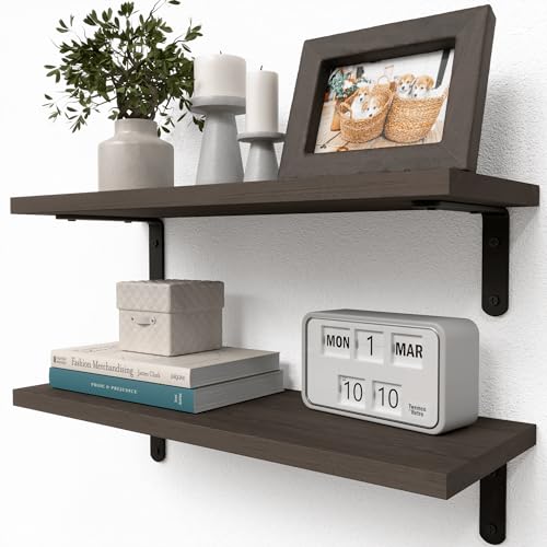 RICHER HOUSE Rustic Wood Floating Shelves, 2-Set Wall Mounted Shelves, 16In | Farmhouse Hanging Shelf for Wall Décor, Heavy Duty Book Shelf for Living Room, Bathroom Bedroom Kitchen Storage, Deep Brown - color: Deep Brown