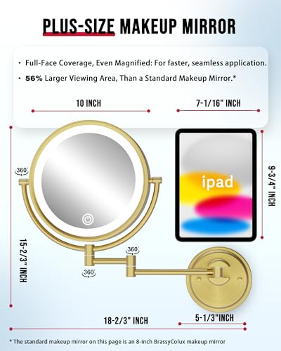 10" Brass Bathroom Large Wall Mount Makeup Mirror with Lights Extension Arm | Rechargeable, USB Charging, Touch Dimmable 3 Color LED Swing Shaving, 1/5X 2 Sided, Magnifying, Memory Function, Brushed Gold - color: Brushed Gold