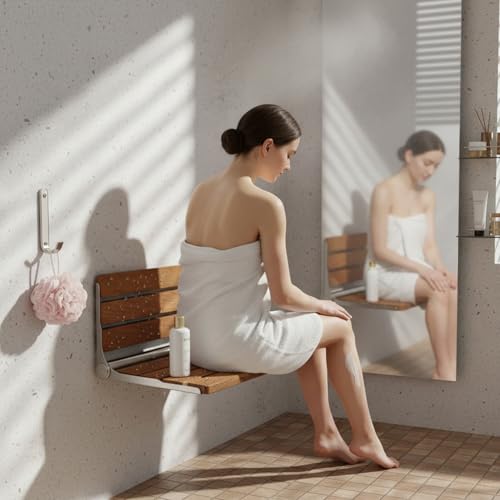 Foldable Shower Seat Wall Mounted 16 in Wide, Teak Bench for Small Shower | Foldable Design, Shower Use - size: 16INCH