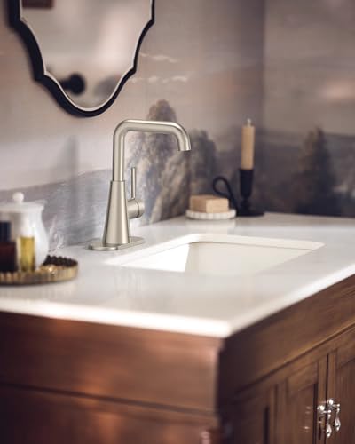 Moen Ronan Spot Resist Brushed Nickel Double Bend Single Hole Modern Bathroom Sink Faucet with Optional Deckplate and Spring Loaded Drain Assembly, 84024SRN - color: Brushed Nickel, style: Single Handle