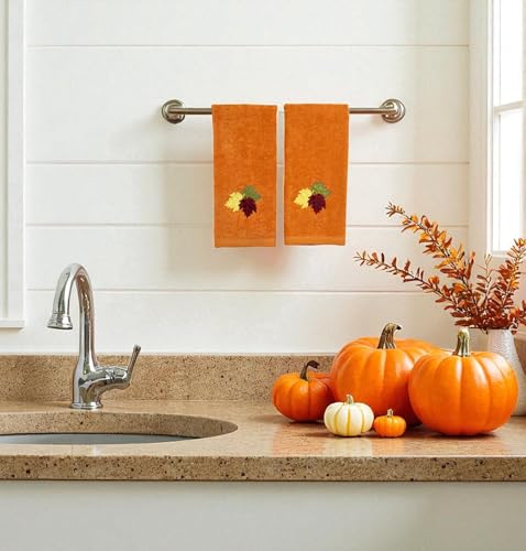Serafina Home Fall Hand Towels: Farmhouse Terracotta Rust with Autumn Leaves of Burgundy Green and Yellow Design, 100% Cotton, 2 Piece Set, 16" x 25" - color: Leaves