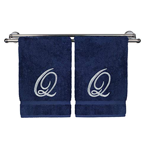 BC BARE COTTON Monogrammed Hand Towel, Navy, 16 x 30 Inches - Set of 2, Extra Absorbent 100% Turkish Cotton, Soft Terry Finish, for Bathroom, Kitchen and Spa - color: Silver on Navy, style: Initial Q