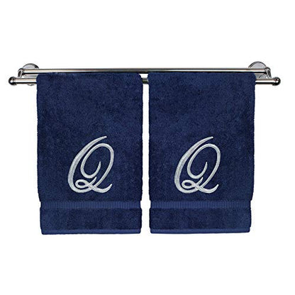 BC BARE COTTON Monogrammed Hand Towel, Navy, 16 x 30 Inches - Set of 2, Extra Absorbent 100% Turkish Cotton, Soft Terry Finish, for Bathroom, Kitchen and Spa - color: Silver on Navy, style: Initial Q
