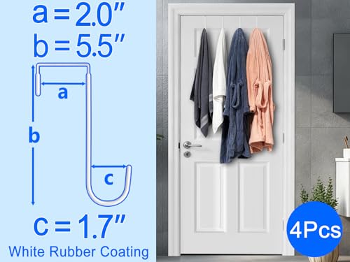 Single Over Thick Front Door Steel Hooks 4 Pack Fit 2" Door 5.5" White | Plastic Coated Rubber Feel Towel Rack Robe Coat Shoe Wreath Hanger No Damage No Scratch for Bathroom Heavy Duty Thin Top