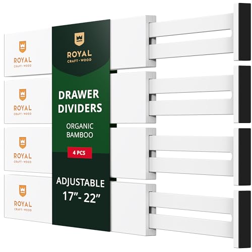 Bamboo Drawer Dividers Organizers, Adjustable Drawer Separator Splitters, 17–22 Inches Expandable Drawer Divider Organizer for Large Utensils, Kitchen, Bedroom, Dresser & Office Drawers 4-Pack, White - color: White