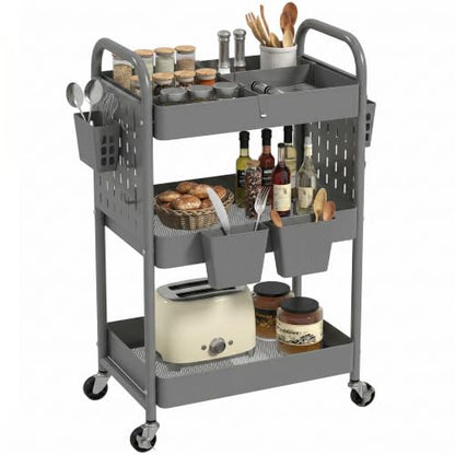 3 Tier Rolling Cart with Retractable Dividers, Multi-Functional White Rolling Utility Cart with Pegboards, Hooks & Hanging Cups for Nursery, Living Room, Studio - color: Gray