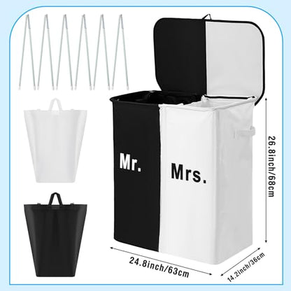 DoubleFill 154L Large Double Laundry Hamper with Lid and Removable Bags Laundry Basket 2 Section Collapsible Dirty Clothes Hamper for Bathroom Bedroom for Husband&Wife Parents or Couple (Mr. Mrs.) - style: Mr. Mrs.