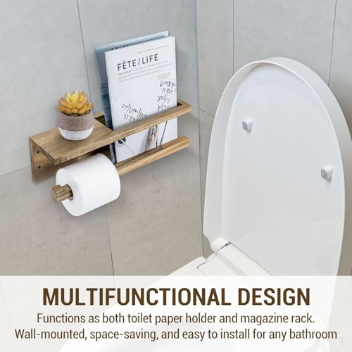 MyGift Wood Toilet Paper Holder with Magazine Rack, Bathroom Magazine Holder Wall Mounted, Durable & Functional, Premium Acacia