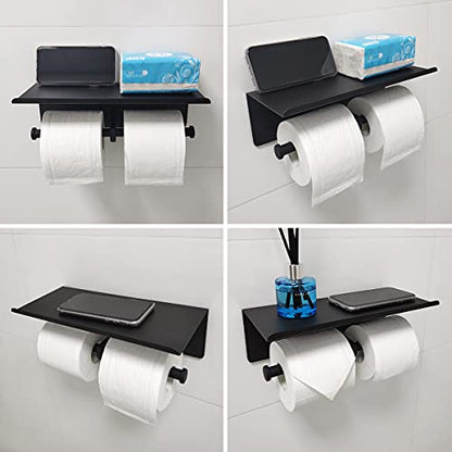 GZILA Double Toilet Paper Holder with Shelf Matte Black Wall Mounted, Dual Large Rolls Tissue Holder Multipurpose TP Dispenser, SUS 304 Stainless Steel - color: Matte Black