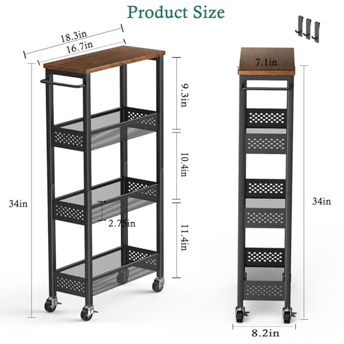 XYZLVSI Utility Slim Storage Cart, 4 Tier Kitchen Narrow Shelf on Wheels | 7.1" W skinny rolling cart with wooden top and metal handle, ideal for bathroom/dorm/office, between washer and dryer storage - size: 16.7"Dx7.1"Wx34"H