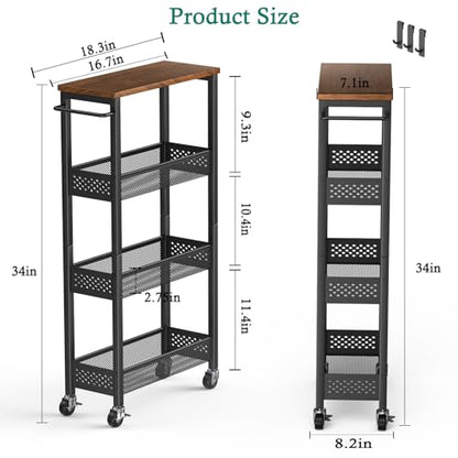 XYZLVSI Utility Slim Storage Cart, 4 Tier Kitchen Narrow Shelf on Wheels | 7.1" W skinny rolling cart with wooden top and metal handle, ideal for bathroom/dorm/office, between washer and dryer storage - size: 16.7"Dx7.1"Wx34"H