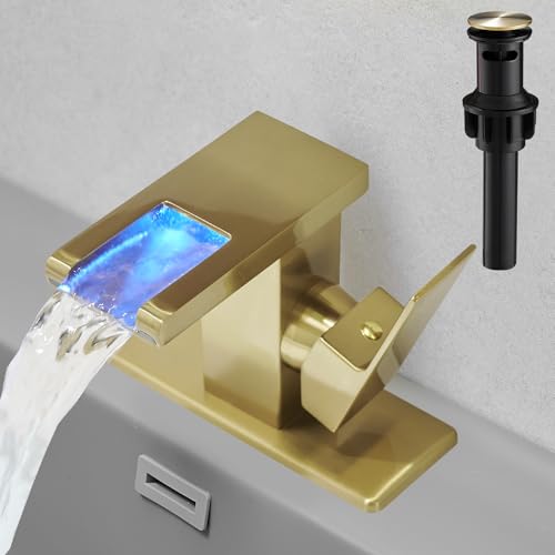 Hoimpro LED Bathroom Faucet 1 Hole, Single Handle Sink Faucets Brushed Gold | Waterfall Widespread Faucet, 3 Colors Light Changing, with Pop-up Drain & cUPC Supply Lines, for Sink Vanity RV Restroom - color: Brushed Gold