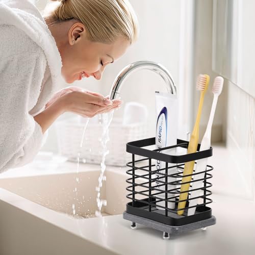 Shinowa Toothbrush Holder Wall Mounted for Bathroom 2 Slots | Stainless Steel Electric Toothbrush Toothpaste Holder with Fast Dry Tray, Adhesive and Countertop Bathroom Accessories - color: Black