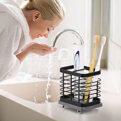Shinowa Toothbrush Holder Wall Mounted for Bathroom 2 Slots | Stainless Steel Electric Toothbrush Toothpaste Holder with Fast Dry Tray, Adhesive and Countertop Bathroom Accessories - color: Black