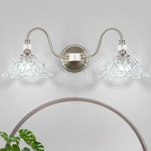 Brushed Nickel Bathroom Vanity Light, 2-Light Vanity Light with Floral Clear Glass Shades, Nickel Wall Mount Lighting for Bathroom, Dressing Table - color: Nickel, size: 2-Light