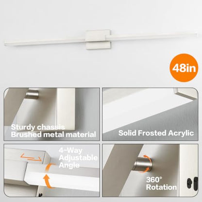 SOLFART Vanity Lighting Fixtures 48-Inch: Brushed Nickel Dimmable Bathroom Light Fixtures Over Mirror, Built-in Dimmer, Thickened Aluminum Body, 360 Degree Rotation, ETL IP44 - color: Brushed Nickel-6000K, 5-Step Brightness Control, size: 48 inch