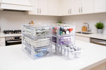 4 Pack Clear Stackable Storage Drawers, 3.95" H Easily Assemble Acrylic Organizer Bins - Multi-Use for Make up, Closet, Pantry, Bathroom, Medicine, Kitchen Cabinet & Undersink Organization - size: 4 Pack