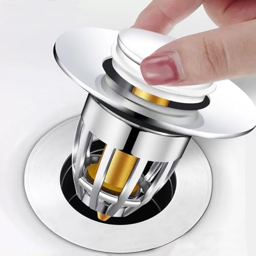 Pop-Up Sink Drain Stopper – Universal Bathroom Basin Drain Filter with Press Button Design, Anti-Clog Strainer - color: Silver, size: 2.4 Inch