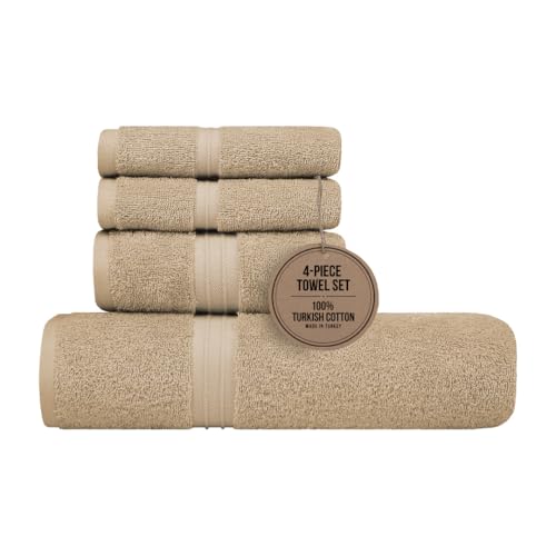 Cotton Bath Towels Set of 4 - Decorative & Soft 100% Cotton, Quick Dry, Absorbent - Includes 1 Bath Towel (28" x 56"), 1 Hand Towel (16"x28") and 2 Wash Cloths (12"x12") - Beige - color: Beige, size: 4-Piece Bath Towel Sets