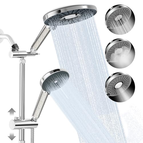 Filtered Shower Head with Handheld High Pressure Shower Head with Filters | 3-spray Dual Rain Shower Heads Filtered Shower Head for Hard Water Removes Chlorine & Heavy Metals 59'' Hose & Holder Chrome