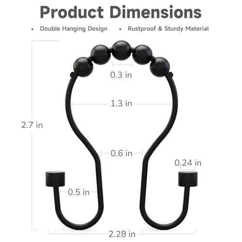 Bathway Shower Curtain Hooks, Shower Curtain Rings Rust Proof Double Hook Shower Curtain Hooks with Clindrical Design, 12 Pcs Black Shower Hooks for Shower Curtain, Metal Shower Rod Hooks - color: Black, style: Modern Shower Hooks with Cylinders