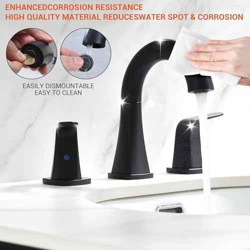 Pull Down Bathroom Faucet Black- Matte Black Sink Faucet with Sprayer, Bathroom Pull Out Faucets, 2-Handles Widespread Vanity Faucets 3 Hole 8 Inch 360 Swivel Spout with Pop-up Drain & Lines - color: Black