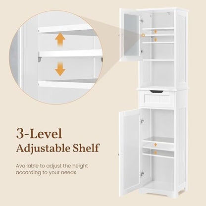 Yaheetech Tall Slim Bathroom Storage Cabinet with Frosted Glass Door, White | Narrow Floor Cabinet for Tight Spots, Reversible Doors, Adjustable Shelves and Drawer for Towel and Linen Storage, MDF Build - style: 2 Doors + 1 Drawer