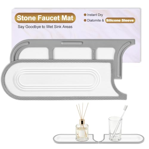 Faucet Mat for Kitchen Sink with Airflow Silicone Sleeve, Instant-Dry Diatomaceous Stone Sink Protector Tray Around Faucet for Kitchen, Bathroom, RV (White Circle, 23.2" x 3.9" x 0.47") - color: White Circle - Grey Silicone Edge