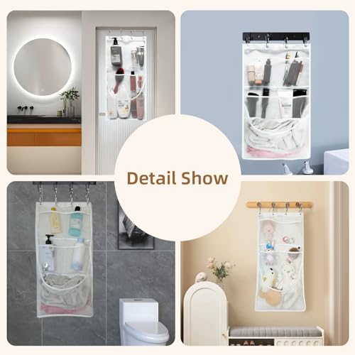 Mesh Shower Caddy Hanging,Hanging Mesh Pockets Shower Curtain Liner Pockets Hanging with Pockets Quick Dry Cruise RV Camper Bathroom Organizer with Shower Curtain Hooks - size: 1 Pack | White